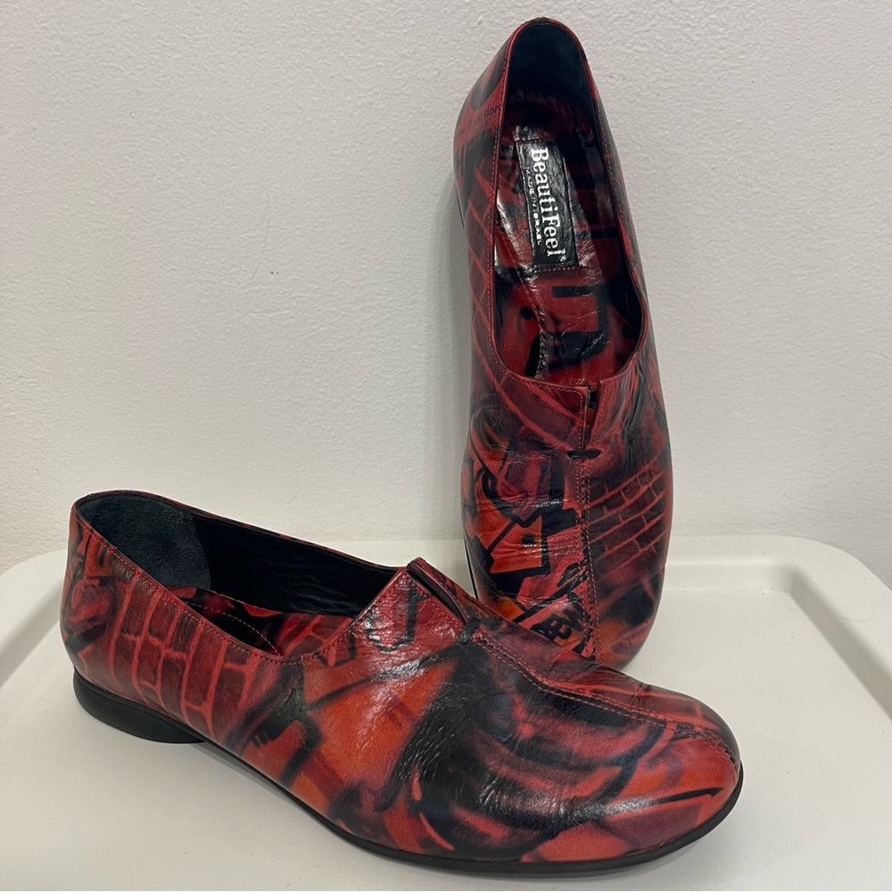 Beautifeel Red Print Dance Loafers Graffiti Leather